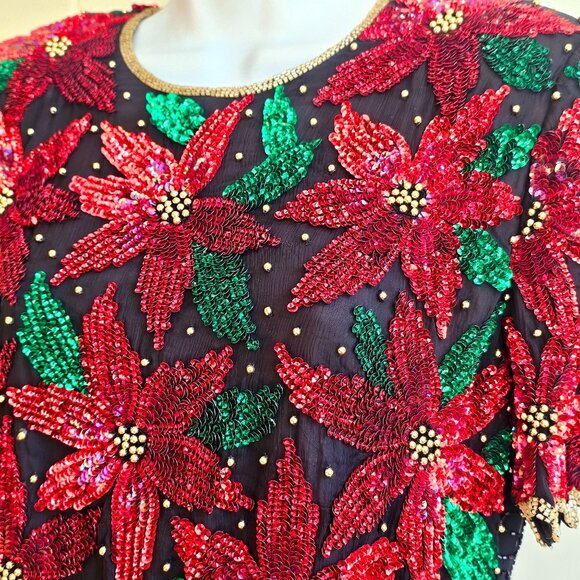 Vtg SCALA Silk Sequin Beaded Christmas Poinsettia Short Sleeve Top EXCELLENT - Picture 11 of 16
